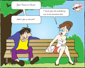 In a park, a shabby man asking a sexy girl out for a date