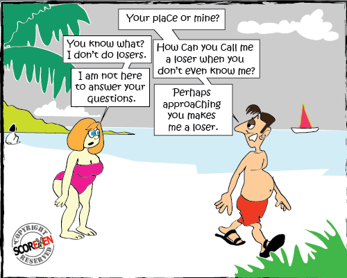 On a beach, a man winning an argument with a fat girl in bikini for a date